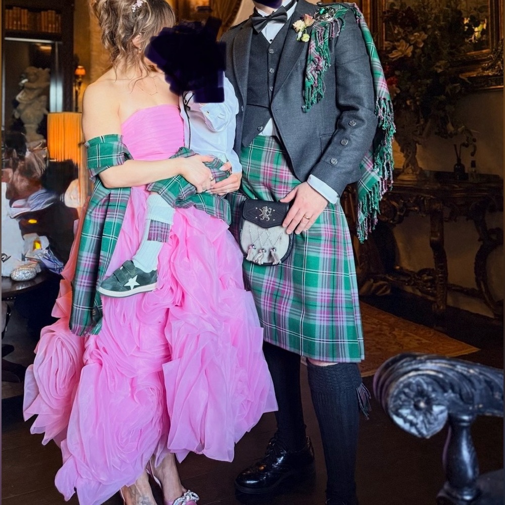 Pink Ruffled Ball Gown with Green Plaid Shawl